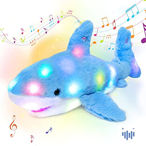 Hopearl LED Musical Plüsch Hai Leuchtet Singendes Plüschtier Lautstärkeregulierung Schlaflied Animierte Beruhigung Geburtstagsfest für Kinder Kleinkind Mädchen, Blau, 28 cm