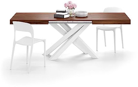 MOBILI FIVER, Mesa Extensible Emma 140(220) x90 cm, Color Nogal Canaletto con Patas Cruzadas Blancas, para 6-10 Personas, Mesa Extensible de Comedor, Mesa Cocina, Salon, Made In Italy