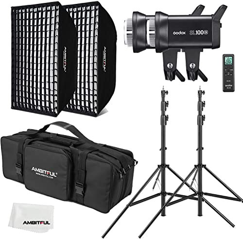 GODOX SL100Bi 2X 100W Duale Farbtemperatur LED-Videoleuchte + AMBITFUL 60 x 90 cm Softbox, Lichtstativ, Wabengitter, Mit Fernbedienung Geeignet für Filmstudios, Fotostudios