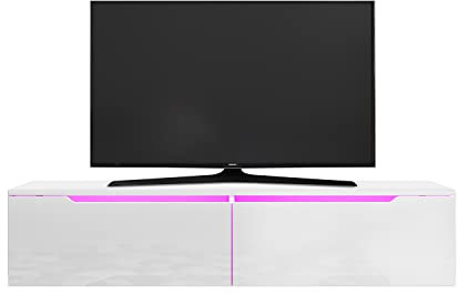 SONNI TV-Schrank, Weiß Hochglanz, mit LED-Beleuchtung 12 Farben, TV-Board hängend, Holz 140 cm Lowboard, Zwei Montagemöglichkeiten, Fernsehtisch, TV-Regal, Lowboard Hochglanz, Weiß, 140x35x30cm.