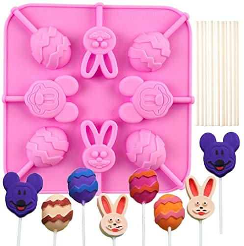 1 moule en silicone à sucettes à 8 cavités en forme d'œuf, de tête de lapin et de souris, pour réaliser soi-même chocolats, bonbons, gelée, 20 bâtonnets