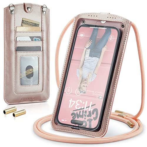 Casecond Petit Sacs à Bandoulière Téléphone Portable Femmes Mini Pochette Portefeuille Universelle pour iPhone 14 13 12 11 Pro Max Samsung Z Flip 4 5G S23 Ultra A53 Xiaomi Jusqu'à 7.3 Or Rose