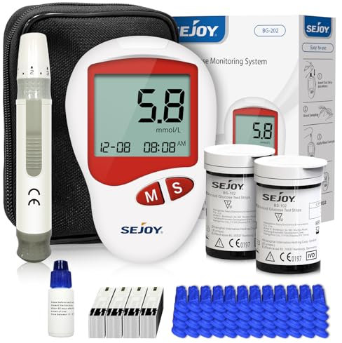 Sejoy Blutzuckermessgerät Testsieger, Blutzuckermessgerät mit Teststreifen, Zuckermessgerät Starterset, Zuckermessgerät set mmol/l, 50 Teststreifen 50 Lanzetten, Stechhilfe und Tragetasche