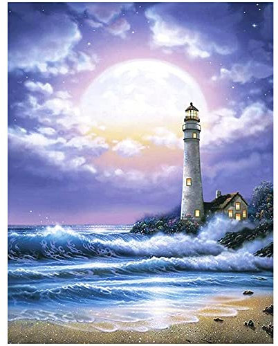 DCIDBEI 40x50cm DIY 5D Diamant Maler-Set Quadratisch,Diamant malerei Landschaft Meer, Diamond Painting,Vorgedruckt für Wohnzimmer Schlafzimmer Dekoration,Leuchtturm im Mondlicht