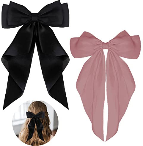 ZEVONDA Capelli Fiocco Grande - Fermagli Per Capelli Con Fiocco Grande Fermagli per Capelli con Nastro Lungo in Raso di Seta Accessori per Donne e Ragazze, Nero + Rosa (2PCS)