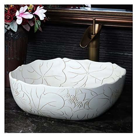 LAVABO CERAMICA Lavabo cuadrado 15.7 x15.7 Patrón de loto tallado a mano vintage Sobre encimera Porcelana blanca Cerámica Baño Vaso Lavabo de tocador Lavabo de arte Fregadero de cerámica Lavabo de b
