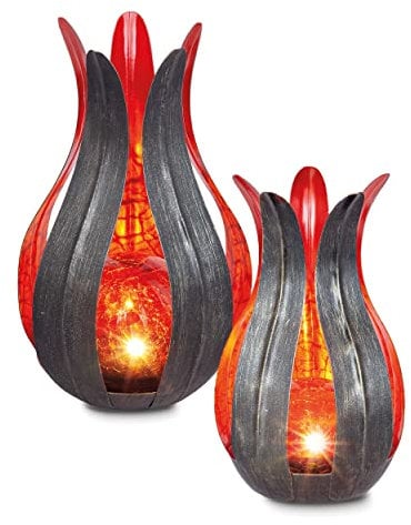 Esotec Blumen Solarleuchte Lilie, 2er Set, rot, 12+15cm, Crackle Bruchglas Solarkugel, Akku, Solarmodul, Dekoleuchte, Blumenleuchte, Gartenleuchte, metall, außen, wetterfest, outdoor 103111