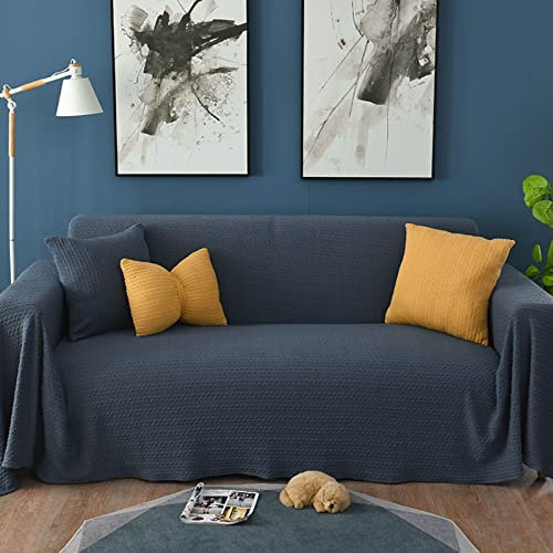 Homxi Sofa Überwurfdecke 3 Sitzer,Cauchsofa Bezug Einfarbig mit Linien Sofaüberwurf Baumwolle Sofa Handtuch Dunkelblau Sofabezüg 180x230CM