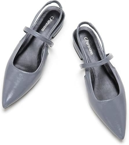 C.Paravano Flache Sandalen mit Spitzen Zehen Leder Kitten Flats Sandalen Hochzeit Party Partnersuche Slingback Damen Flach Verstellbarer Knöchelriemen(Grau,39)