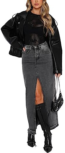 Damen Jeansröcke Hohe Taille Schlitz Vorne A-Linie Maxi Gothic Rock Lange Jeansröcke mit Taschen (Grauschwarz, M)