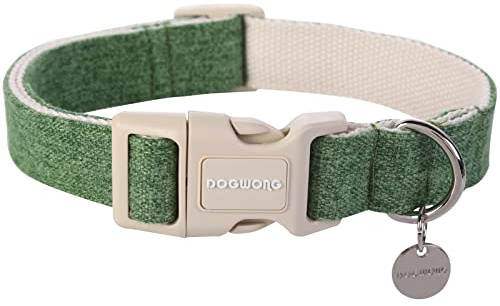 DOGWONG Cotton Hemp Dog Collar, Heavy-Duty Green Collar for Medium Dogs, M (34.3cm-55.9cm)