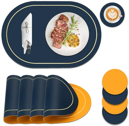 Table Mats Set of 4, Faux Leather Wipeable Placemats and Coasters Sets 4, Dual-Sided Non Slip Heat Resistant Place Mats for Table 4, Large Placemat for Xmas Dining Restaurant Party (Navy Blue, Yellow)