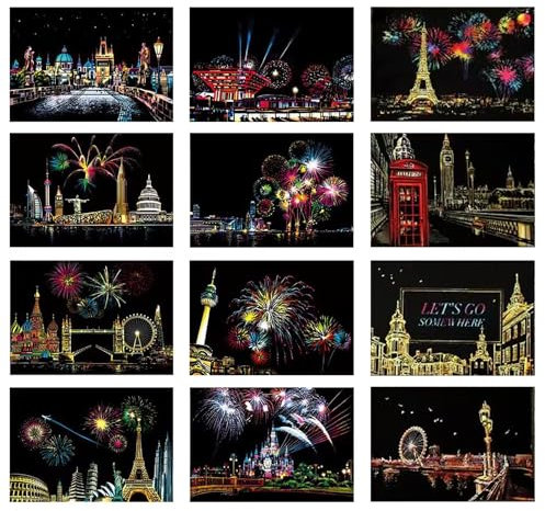 Georgie Porgy Kratzbilder Set DIY Bastelsets für Erwachsene Kinder Magic Rainbow Kratzpapier Postkarte für Weihnachten Geburtstagsgeschenk (A5 Postkarte-Europäisch+Feuerwerk+Architektur)