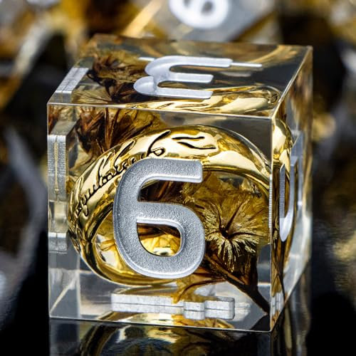 ORIFANTOU Magic Herr der Ringe Würfel-Set, scharfe Kanten, Kunstharz, DND-Würfel, gelbe Blumen-Würfel mit Box, goldener Ring, D&D-Würfel, Rollenspiele, Dungeons and Dragons, D und D, polyedrisches