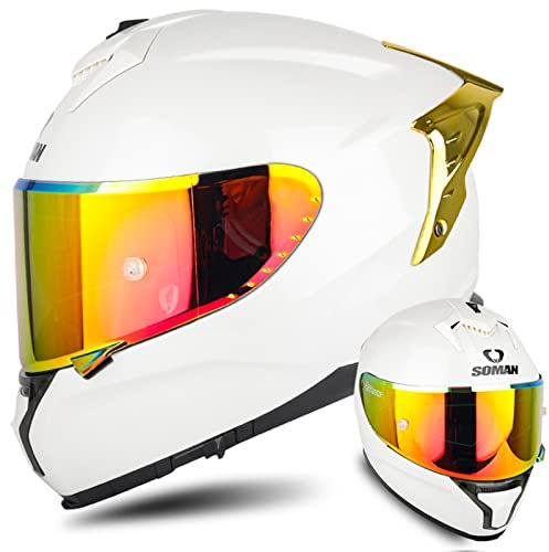 DXDRT Full Face Motorrad Helme, Motorrad Street Helm Mit Doppel Visier, DOT/ECE Genehmigt Moped Street Bike Racing Crash Helm Für Erwachsene Männer Frauen,White Gold,S