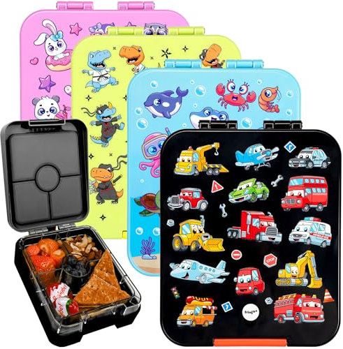 Fringoo - Bento Box - Fiambrera - A prueba de fugas, capacidad de 650 ml, 4 compartimentos, sin BPA, diseño Cars World negro y rojo