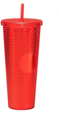 RYHMHA Diamond Plastic Thermal Mug with Straw and Lid,Double Walled Cold Cup,Iced Cold Drinking Coffee Travel Mug 24oz Party Tumbler-Black (Red)