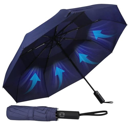 Hannstar Parapluie de poche - Ouverture et fermeture automatiques - Petit, compact, léger, solide, coupe-vent et résistant aux tempêtes - Double aération - Pour homme et femme, bleu foncé
