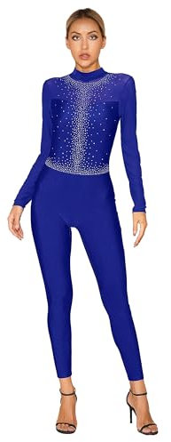 Fldy Damen Ganzkörper Turnanzug Langarm Glitzer Strass Mesh Gymnastik Tanz Trikot Ballett Body Eislaufen Tanzkleidung Ganzkörperanzug Königsblau S
