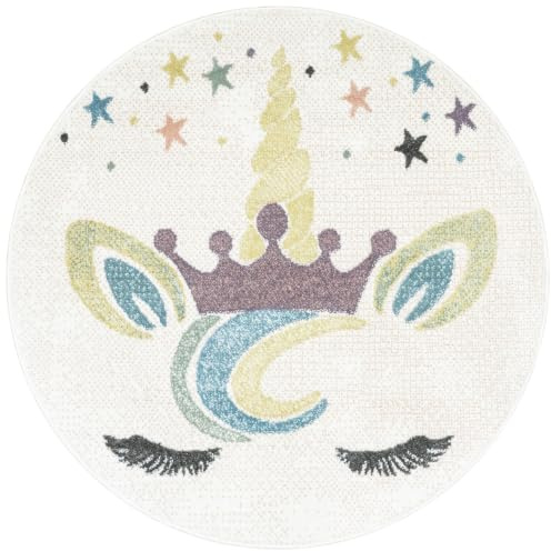 AKCILA Lima Runder Kinderteppich Creme Rosa mit Einhorn und Krone 120 cm | Heller Kinderteppich für das Mädchenzimmer, Süßer Teppich fürs Kinderzimmer, Leicht zu saugender Kinderteppich