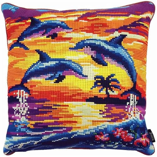 kitphoenix Knüpfkissen Set Delfin Latch Hook Kissen Kit Knüpfteppich Knüpfpackung Set, Sofakissenbezug Handgemachte Geschenke,43cmX43cm
