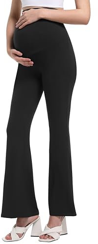 Gowjog Schwangerschafts Leggings Damen Umstands-Schlaghosen-Leggings Mutterschaft Yoga Hosen Blickdicht Stretchy Bootcut über dem Bauch Umstandshosen Hose für Arbeit Lounge Sporthose(Schwarz,L)