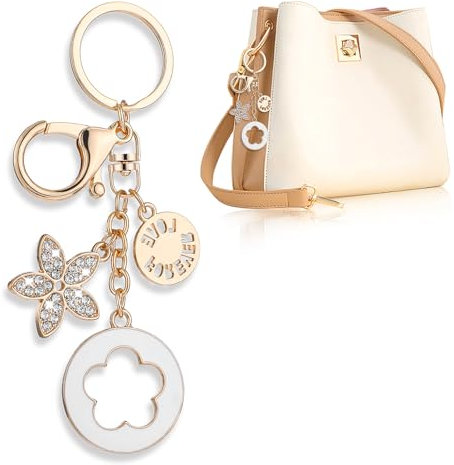 Molain Portachiavi smaltato con ciondoli a forma di fiore, con nappa, portachiavi carino, portachiavi carino per donne e ragazze, accessori per borse, gioielli, bianco