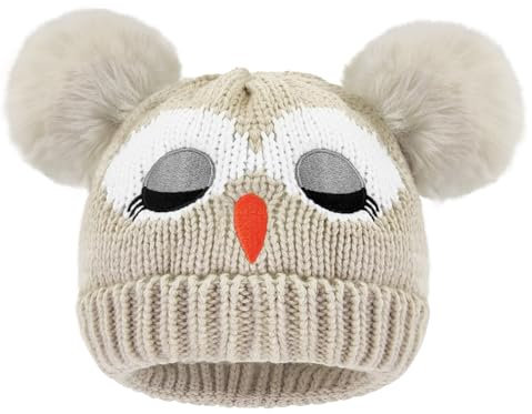 YMIFEEY Wintermütze Kinder Mütze Mädchen Jungen, Eule Kindermütze Winter Strickmütze mit mit Bommel, Winter Warme Beanie Hut Babymütze Bommelmütze für Kinder 3-8 Jahre (Beige)
