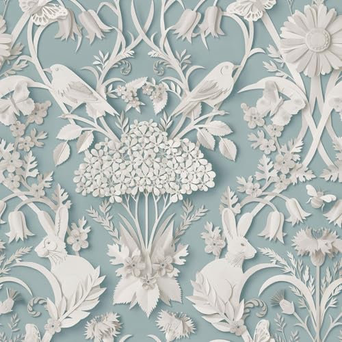 Fine Decor Dimensions Woodland 3D Effect Design Cute Animals, Rabbits, Bees, Birds and Leafs in a Soft Light and Blue Tones Wallpaper Perfect for Nursery, Kids Bedroom and Feature Walls (FD43605)