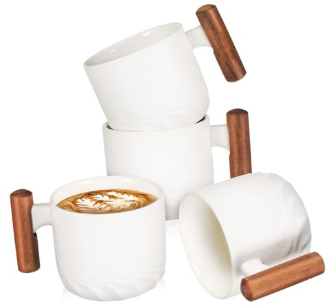 MAGICLULU 4piezas Tazas De Cerámica Para Café Tazas De Espresso De Porcelana Asas De Madera