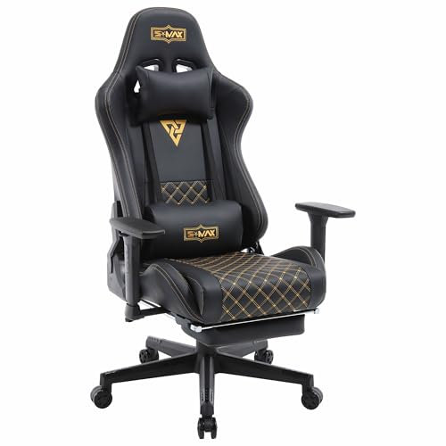 S*MAX Gaming Stuhl mit Fußstütze Verdickter Sitz Gamer Stuhl mit 3D Armlehne und Lendenwirbelstütze aus PU Leder Ergonomische hoher Rückenlehne Gaming Stuhl für Erwachsene Schwarz Gold