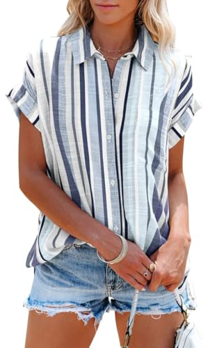 Cicy Bell Blusa para Mujer de Manga Corta con Cuello en V y Botones, Top Casual de Verano