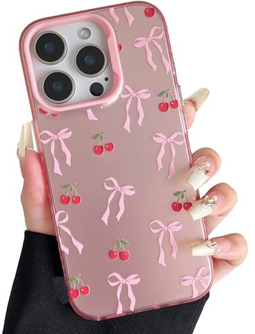 ZTOFERA Pink Bow Case for iPhone 16 Pro Max (6.9), Aesthetic Phone Case with Cute Ribbon Bowknot Pattern, Glossy Hard PC Back Case Silicone Bumper Shockproof Protective Cover for Girls Women - Cherry