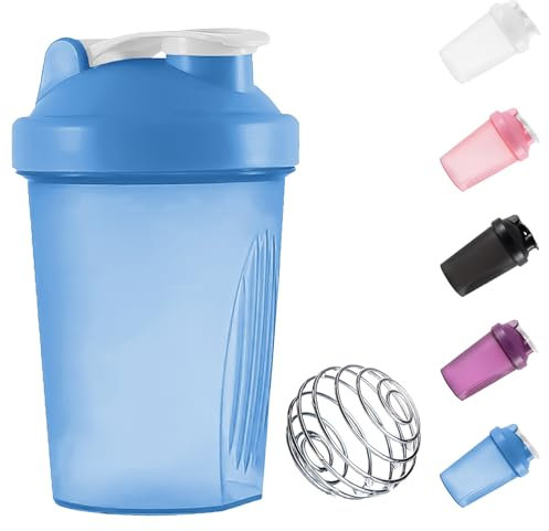 Shaker de protéines de 400 ml avec boule de mélange en acier inoxydable, couvercle à rabat, anti-fuite, sans BPA et DEHP, inodore, passe au lave-vaisselle, passe à la température (bleu)