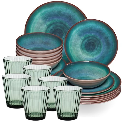 Melamin Geschirr Set Jesolo Grün für 6 Personen - 24 Teile - Trinkglas 360 ml grün - Steingutoptik Spülmaschinengeeignet - Essgeschirr Campingzubehör Campinggeschirr Wohnwagen Camping Gartenparty