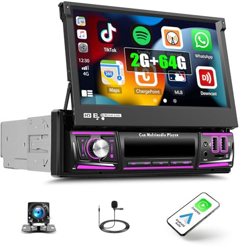 SIXTOP 2+64G Single Din Radio 7 Zoll HD Retractable Touchscreen Autoradio mit Carplay & Android Auto, 1 din Radio GPS Mirror Link Bluetooth FM/EQ/DSP GPS WiFi USB SWC + Rückfahrkamera & Mikrofon