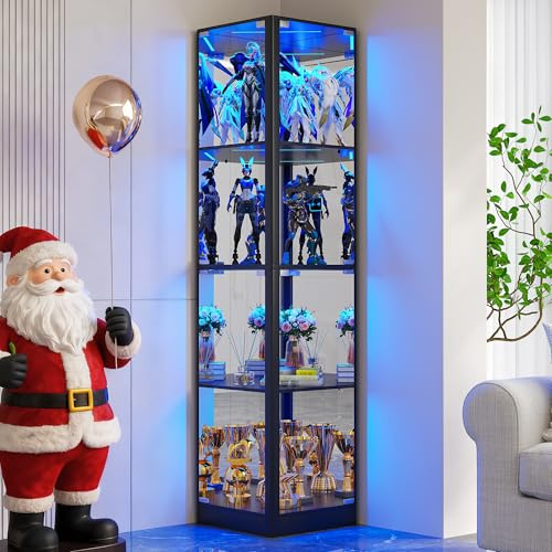 Display Cabinet with Glass Doors, 68 Corner Curio Cabinets with LED Lights, 4-Tier Glass Display Case for Collectibles/Toys/Books, Mirrored Storage Cabinet, Black