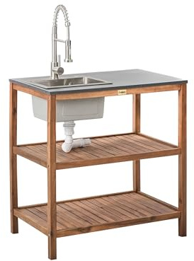 Beliani Outdoor-Kücheninsel Akazienholz braun/Silber mit Spüle Armatur Regalen Brucoli