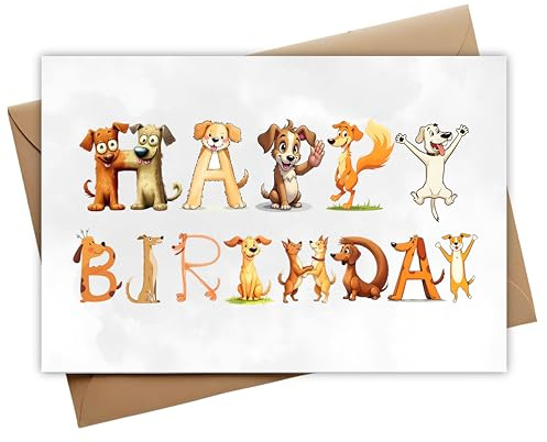 Hunde Geburtstagskarte – Klappkarte mit süßen Hundebuchstaben „Happy Birthday“, inkl. Umschlag & Sticker – Hochwertige Tier-Grußkarte für Hundefans