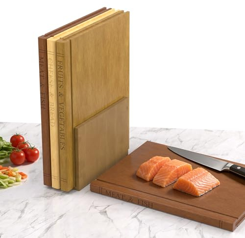 Book Cutting Board Set with Wooden Stand-Wooden Kitchen Cutting Boards That Look Like Books for Vegetables Cheese Meat, Chopping Board Gift Set for Home Cooks & Kitchen Decor