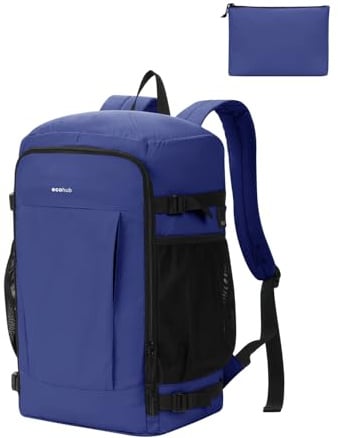 ECOHUB für Ryanair Handgepäck Rucksack 40x30x20, Leicht & Reißfest Kabinenrucksack für Herren auf Flugreisen, 2-in-1 Faltbar Flugrucksack mit Mini Tasche, 24L PET-Recycelt Travel Backpack(Marineblau)