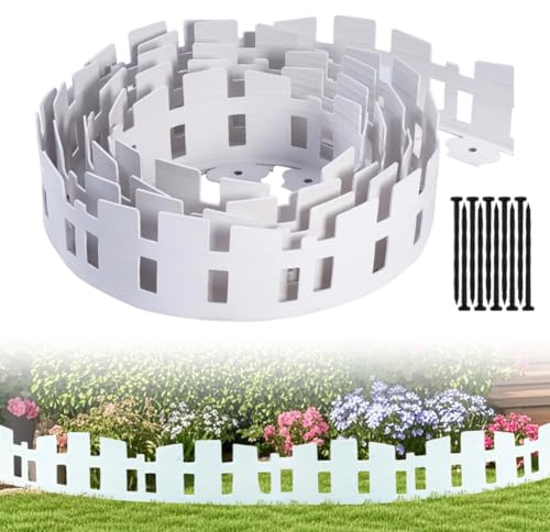 Bordo per prato, in plastica, 10 m, bianco, con pali, per aiuole da giardino | Plastica resistente alle intemperie, delimita il prato, organizza le aiuole in modo pulito e abbellisce il giardino