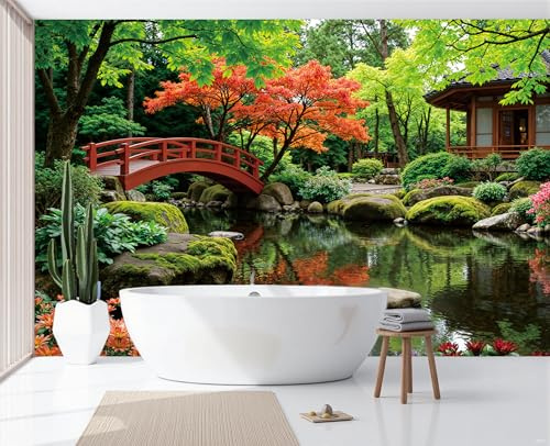 Tapeten Japanischer Garten Fototapete 3D Effekt 350x256cm Seidenstoff Wanddeko Wandtapete Tapete, Teichpflanzen Für Bogenbrücken Wandbilder Poster Dekoration für Wohnzimmer Schlafzimmer Flur