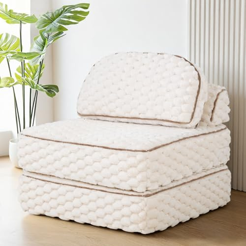 COLAMY Klappbares Sofa-Bett, 3-in-1 verwandelbarer Sessel mit Kissen, Rückenstütze, Kuschelstoff-Floor-Couch für Erwachsene, knochenloses Sofa für Wohnzimmer, Schlafzimmer, Apartment, Beige