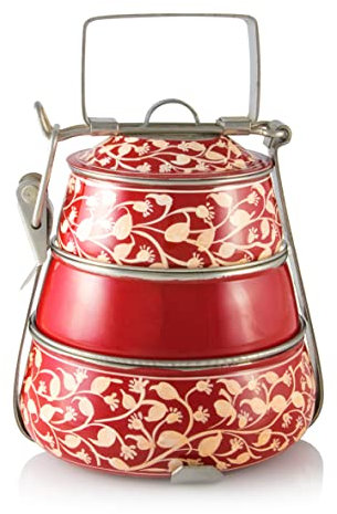 Indian-Tiffin Lunchbox peinte à la main 3 niveaux Rouge