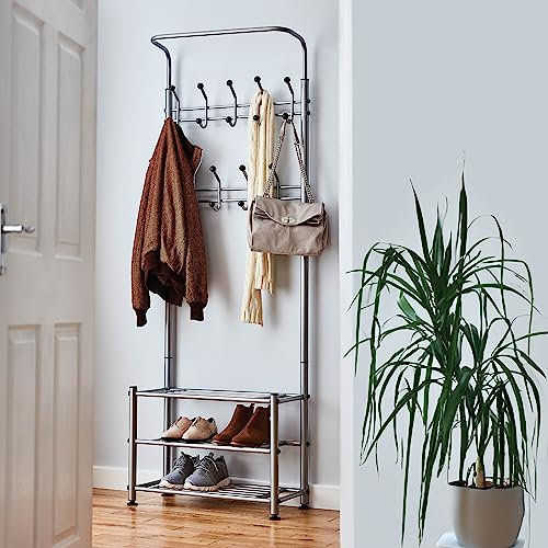 Direct Online Houseware House of Home Coat Stand with Shoe Rack. Free Standing Grey Hallway Storage Unit with 18 Hooks & 2-Tier Shoe Shelf. Space-Saving Metal Rack for Coats, Hats, Bags & Scarves
