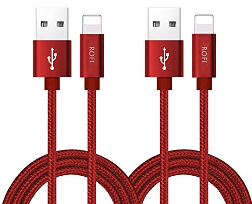 RoFI Phone Charger Cable, [2Pack 2 Feet] Nylon Braided Fast Charging USB Cord 0.6M Compatible Phone X 8 8 Plus 7 7 Plus 6s 6s Plus 6 6 Plus 5 5S 5C SE Air Mini and Car Display (Red)