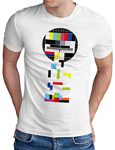 OM3® Testbild-Tetris T-Shirt - Herren - Video Game Analog Fernseher TV - Weiß, 3XL