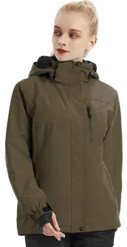 FREE SOLDIER Damen-Skijacke, Snowboardjacke, wasserdicht, warmes Fleecefutter, Winter-Regenjacke mit Kapuze, vollständig versiegelte Nähte, Armeegrün, Größe XL