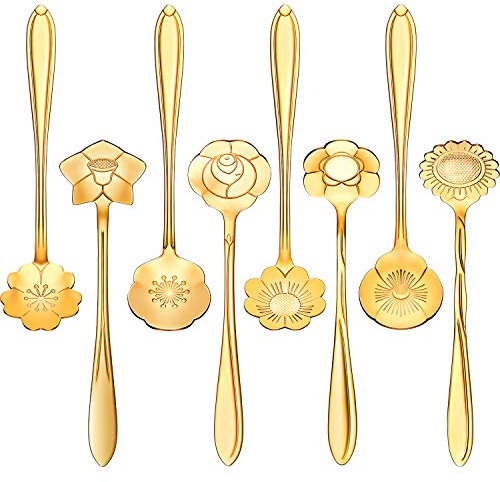 Chengu 8 piezas de acero inoxidable vajilla creativa flor café cuchara azúcar cuchara té cuchara cuchara barra agitadora cuchara cuchara agitadora cuchara 8 diferentes patrones (oro)